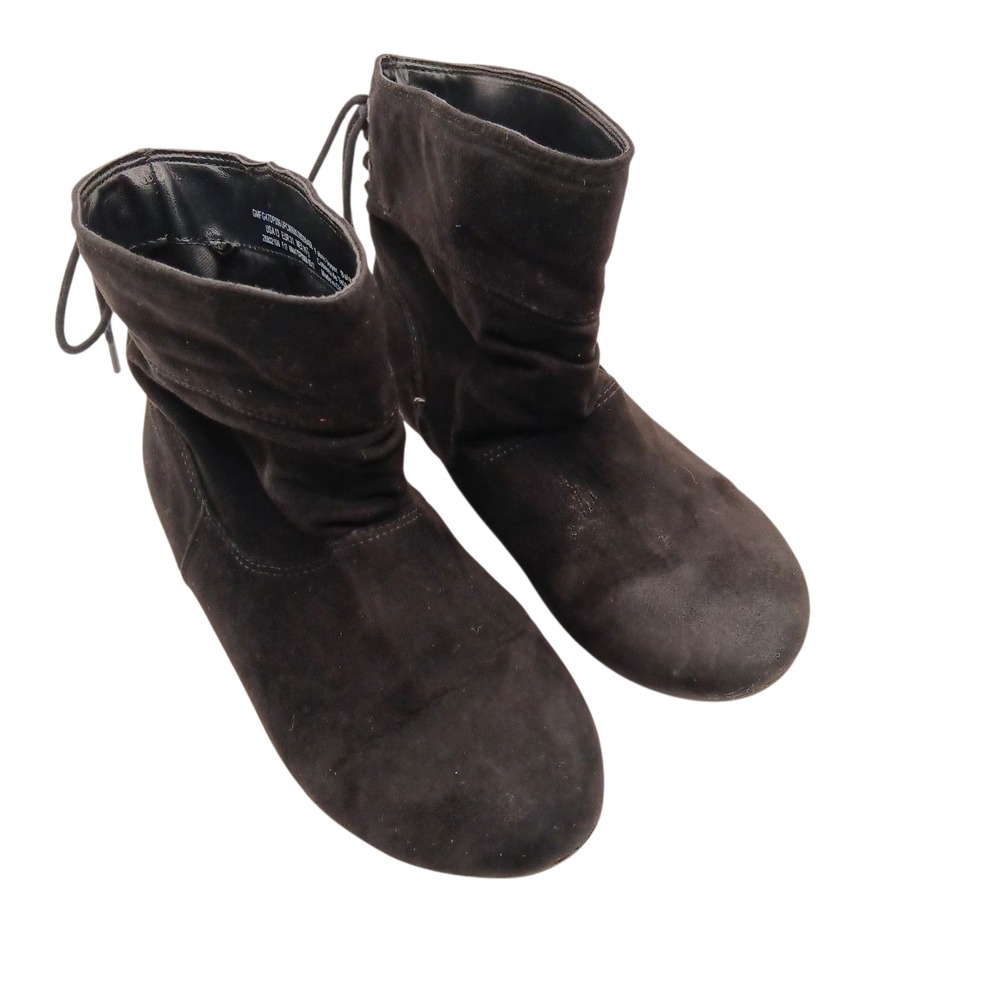 Faded Glory Girls Black Faux Suede Ankle Boots Back Tie US 13 Kids Cute